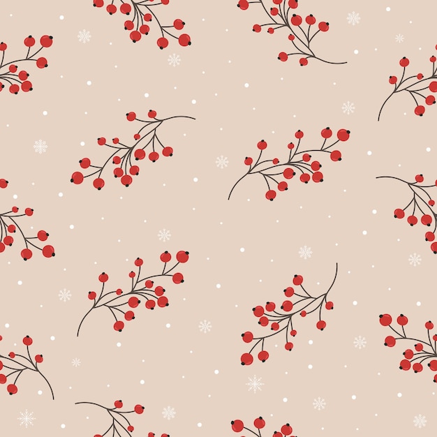 Seamless pattern with rowanberries red berries and snowflakes on beige background For printing