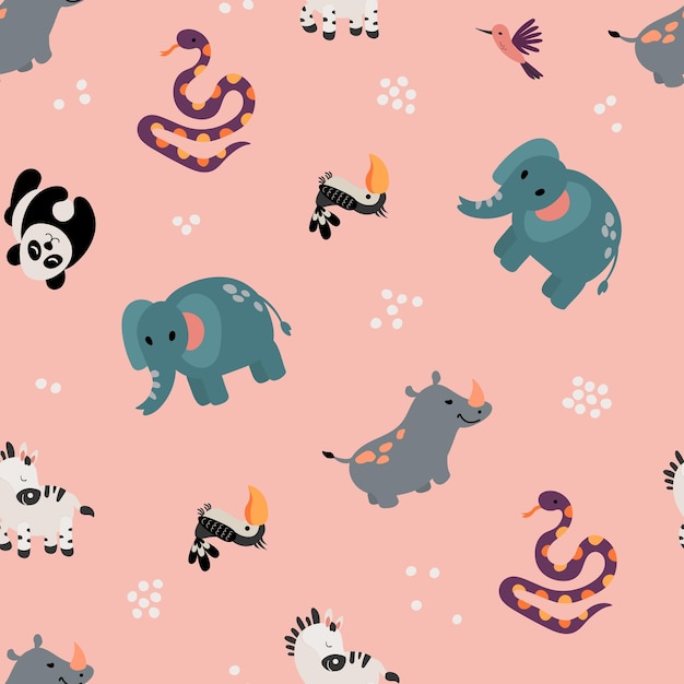 Seamless pattern with safari animals Elephant rhinoceros zebra panda snake Design for fabric