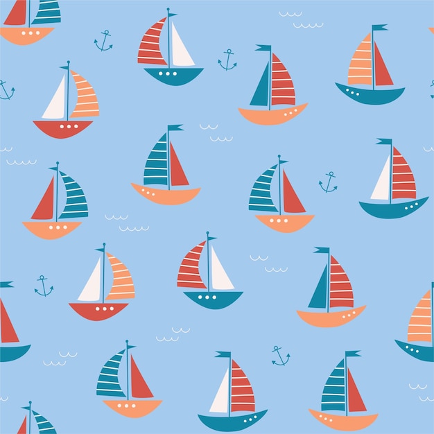 Seamless pattern with sailboats anchors and waves Nautical vector pattern Pattern for kids