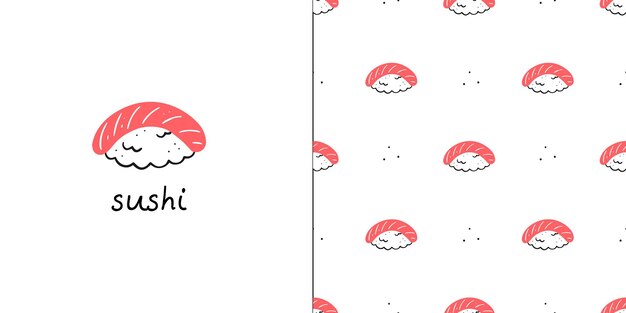 Seamless pattern with salmon sushi rolls and postcard with sushi text illustration of asian cuisine