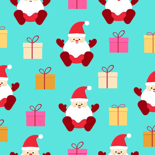 Seamless pattern with Santa Claus and gifts on a blue background