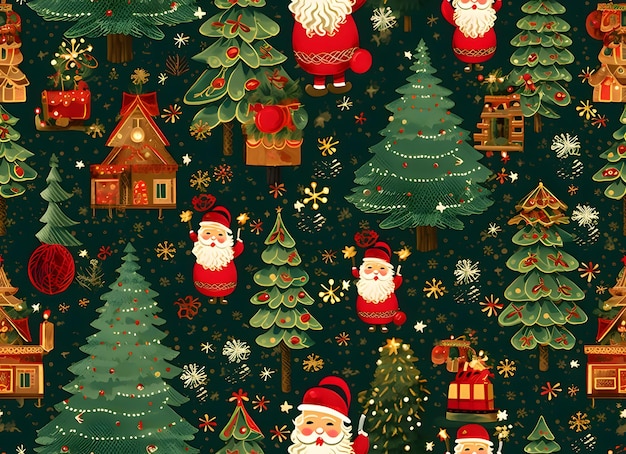 Seamless pattern with Santa Claus houses and Christmas tree