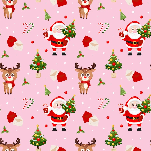 seamless pattern with santa claus reindeer christmas tree on pink background