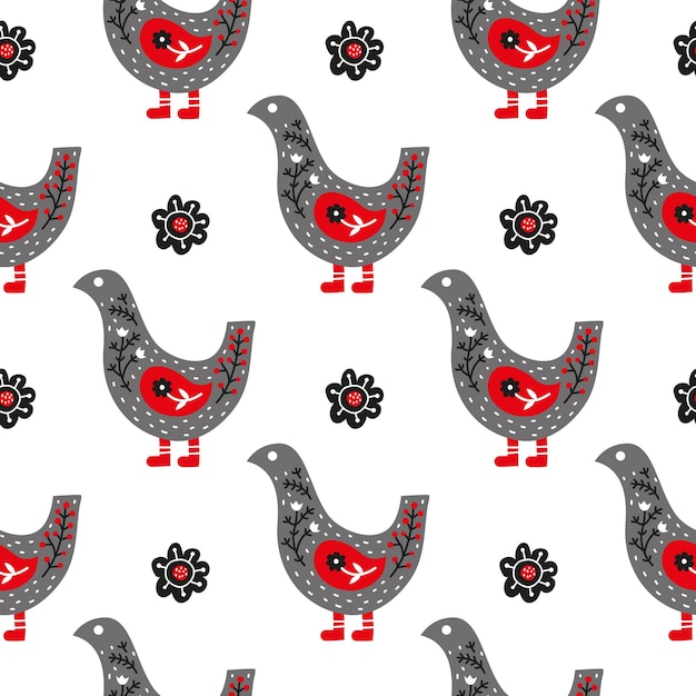 Seamless pattern with Scandinavian birds and flowers