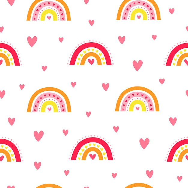 Vector seamless pattern with scandinavian rainbows and hearts