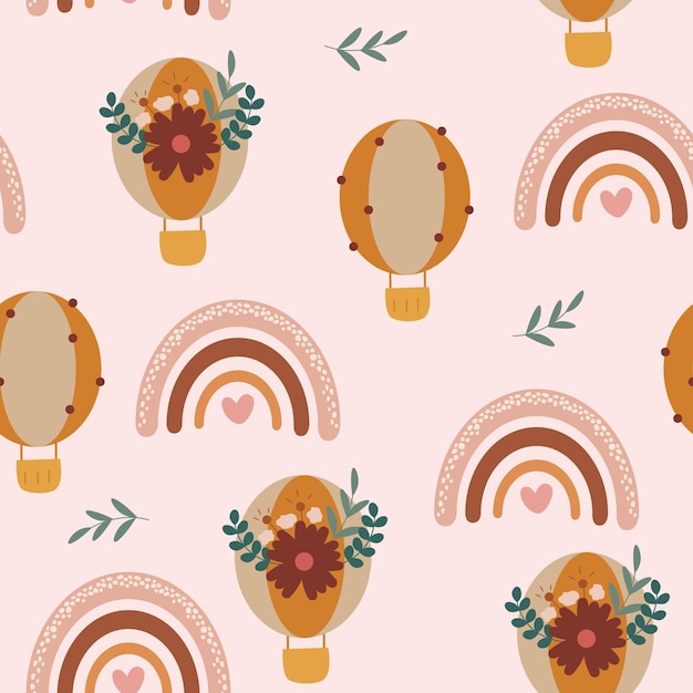 Seamless pattern with scandinavian rainbows hot air balloons flowers