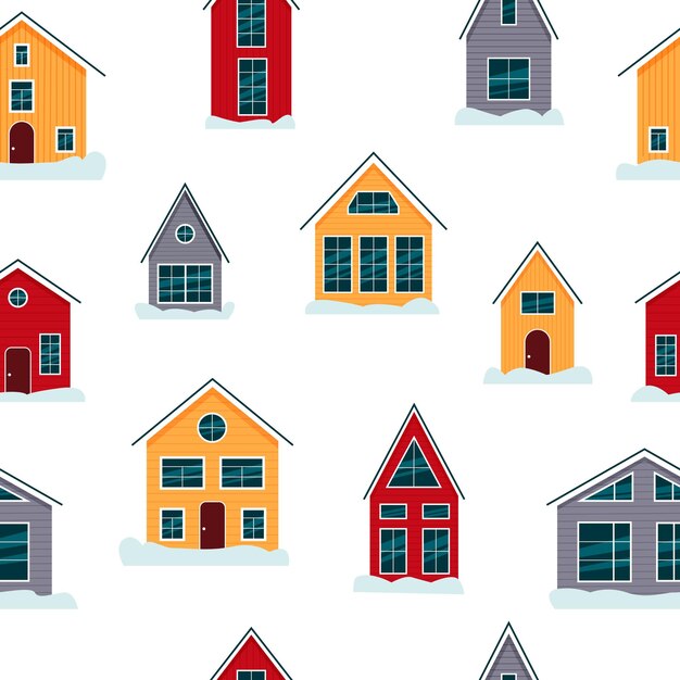 Seamless pattern with Scandinavian style houses Vector illustration isolated on white background for your design