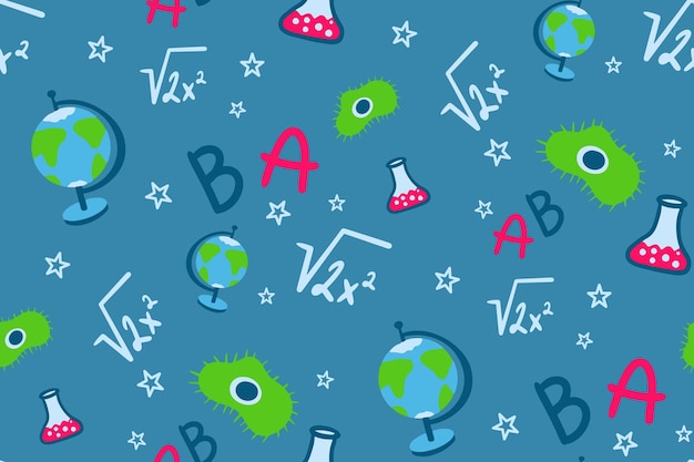 Vector seamless pattern with school sciences amoeba alphabet globe bulb square root