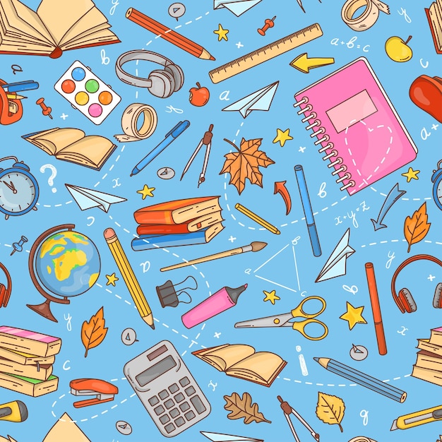 Seamless pattern with school supplies and stationery in the Doodle style