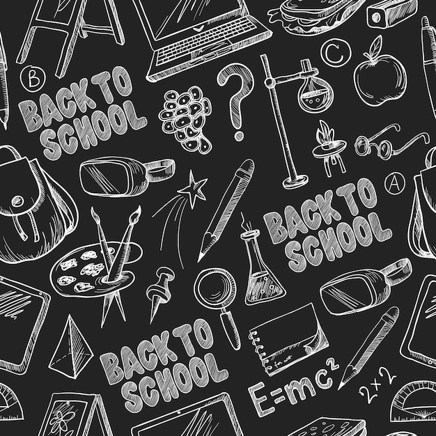 Vector seamless pattern with school supplies such as a backpack book laptop globe and others drawn chalk on a blackboard vector