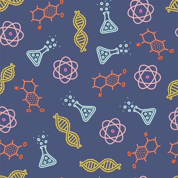 Vector seamless pattern with scientific objects hand drawn dna molecule atom and other objects