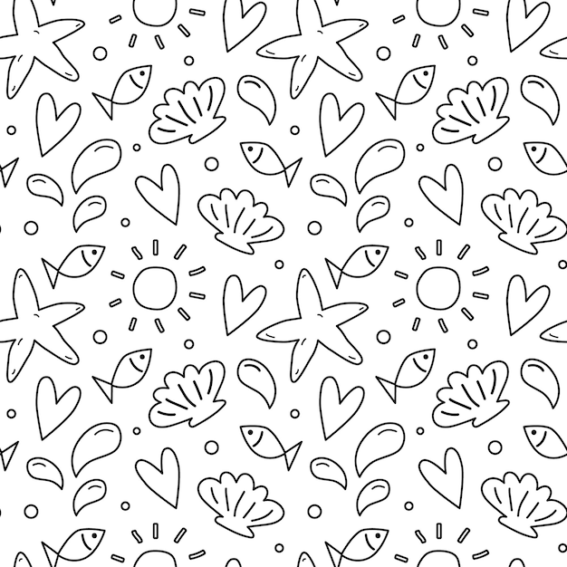 Seamless pattern with sea beach elements Vector illustration doodle style Summer black and white background Drawing of starfish and shells fishes splashes of water