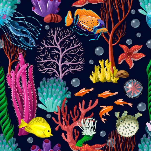 Seamless pattern with sea inhabitans and herb.