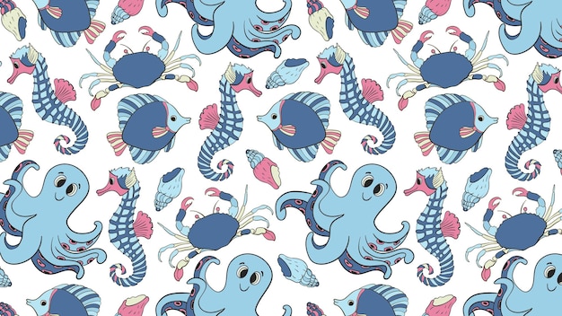 Seamless pattern with sea inhabitants in doodle style Vector illustration