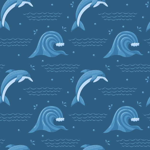 바다 파도와 귀여운 다이빙 돌고래 바다 요소와 수생 동물 여름 해변 섬유에 대 한 원활한 패턴 진한 파란색 배경에 평면 만화 스타일의 벡터 일러스트 레이 션