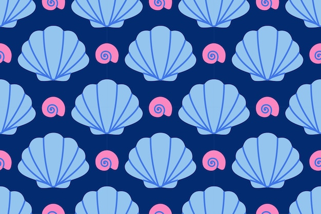 Seamless pattern with sea shells Hand drawn trendy flat style seashell Tropical beach shells Summe