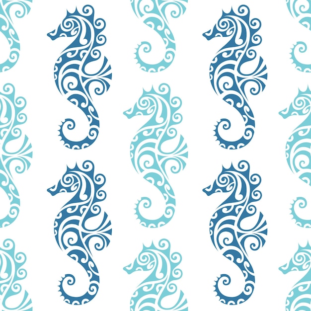 Vector seamless pattern with seahorse maori style blue colors