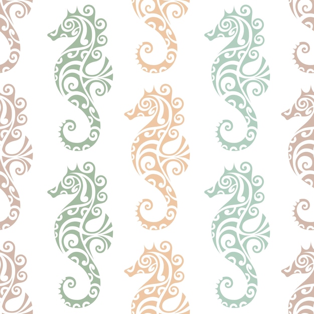 Vector seamless pattern with seahorse maori style pastel colors