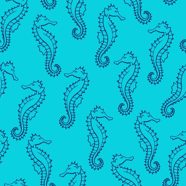 Seamless pattern with seahorse Marine background  Hand drawn vector illustration in sketch style