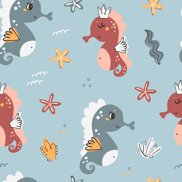 Seamless pattern with seahorses and seaweed