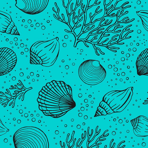 Seamless pattern with seashells corals Marine background Vector illustration in sketch style