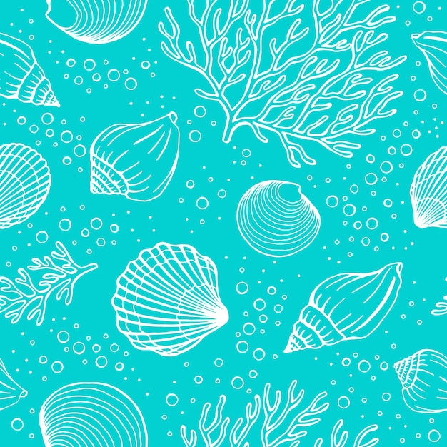 Seamless pattern with seashells corals Marine background Vector illustration in sketch style