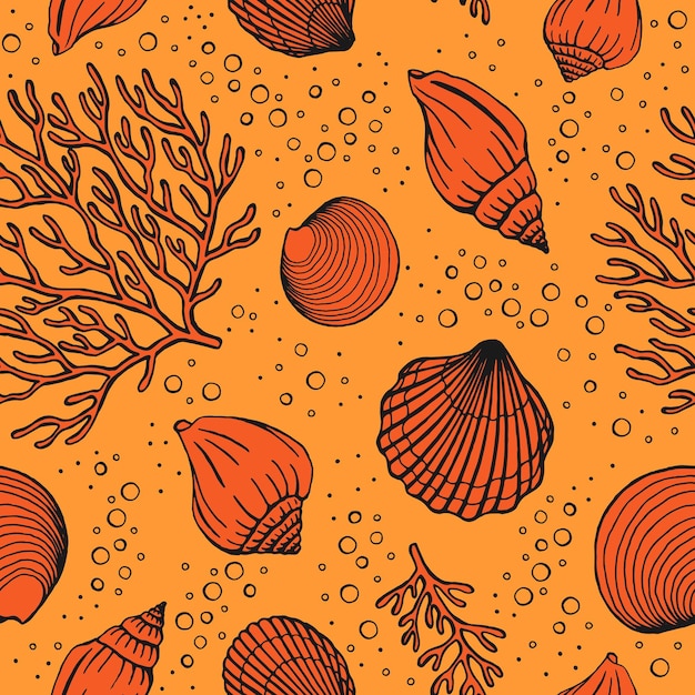 Seamless pattern with seashells corals Marine background Vector illustration in sketch style