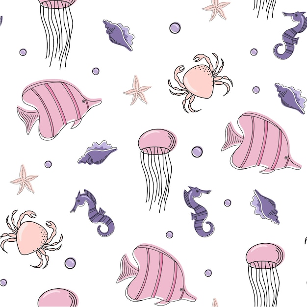 Seamless pattern with seashells corals and starfish fish crab Vector illustration