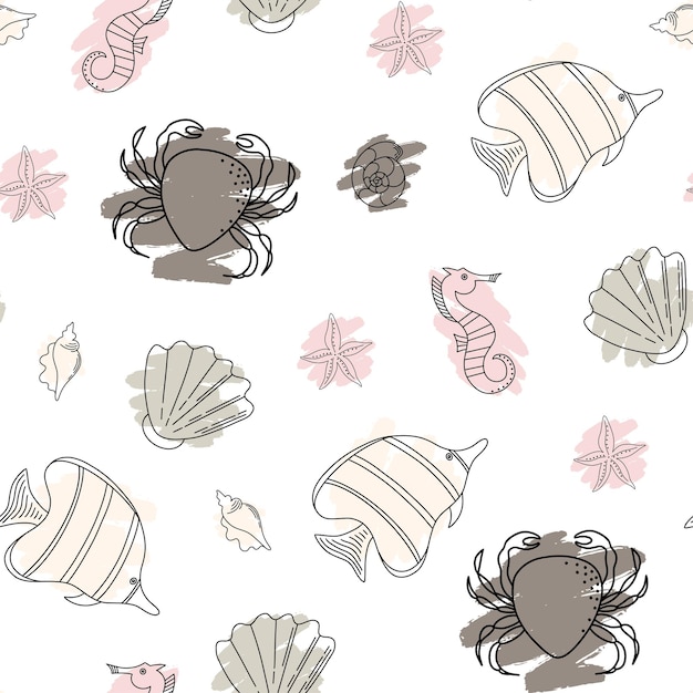 Seamless pattern with seashells corals and starfish fish crab Vector illustration