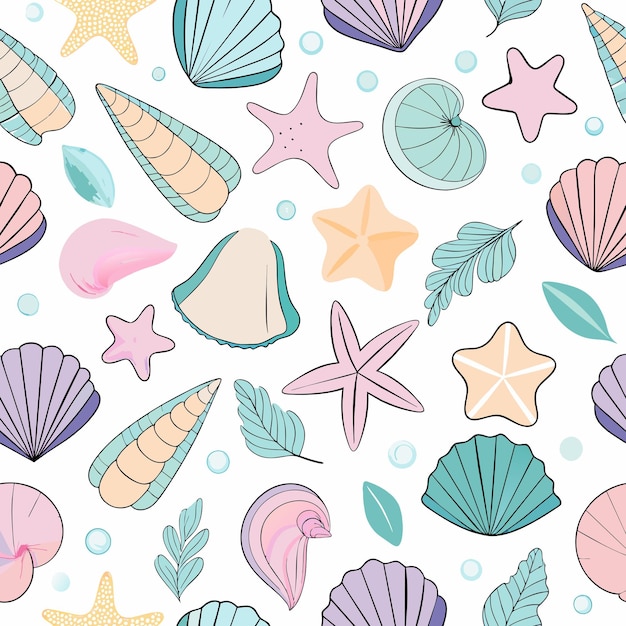 Seamless pattern with seashells corals and starfishes