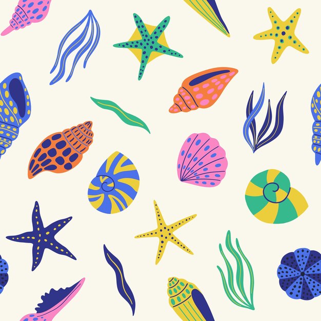 貝殻ヒトデと海藻のシームレスなパターン手描き落書き貝殻ヒトデ