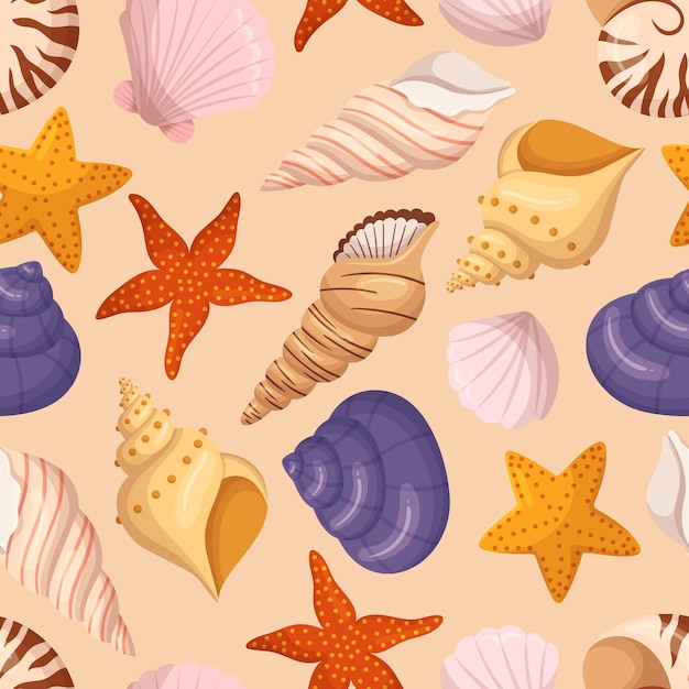 Vector seamless pattern with seashells and starfishes bright beachy and aquatic design perfect for summer and coastal project