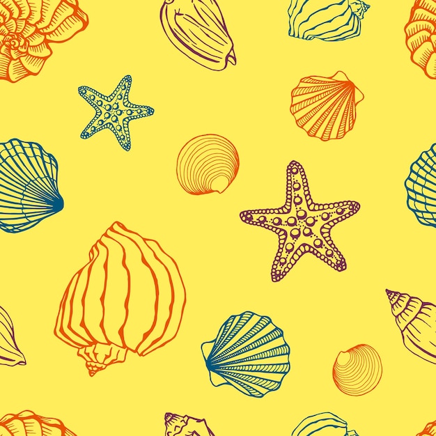 Бесшовный рисунок с ракушками морскими звездами Морской фон Ручной рисунок векторной иллюстрации в стиле эскиза Идеально подходит для поздравлений, приглашений, раскрасок, текстиля, свадьбы и веб-дизайна