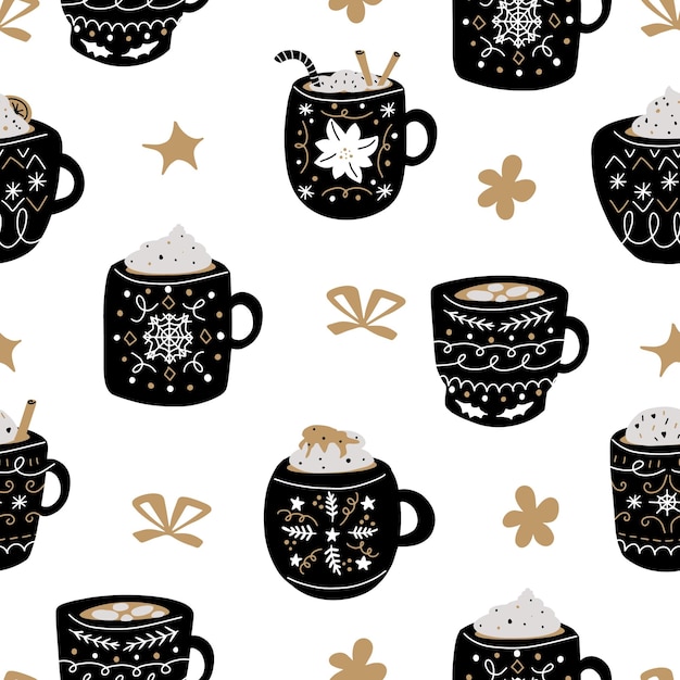 Seamless pattern with set of christmas mugs isolated on white background