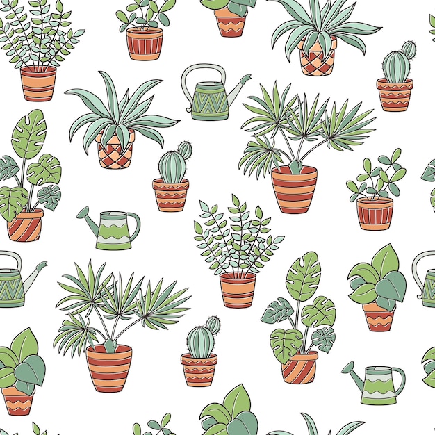 Vector seamless pattern with a set of potted houseplants and watering cans, on a white background