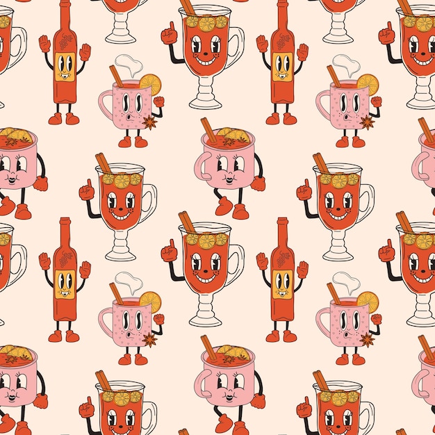 Seamless pattern with set of retro mulled wine. 30s cartoon mascot character -. 40s, 50s, 60s