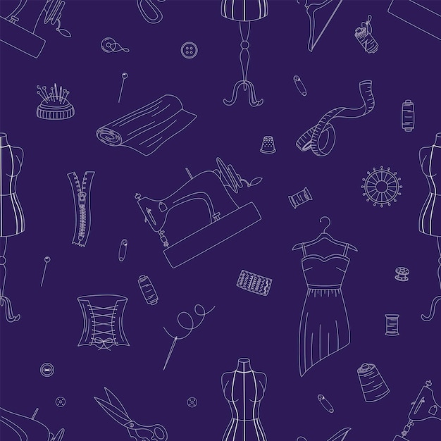 Vector seamless pattern with sewing elements sewing machines dresses buttons scissors needles etc