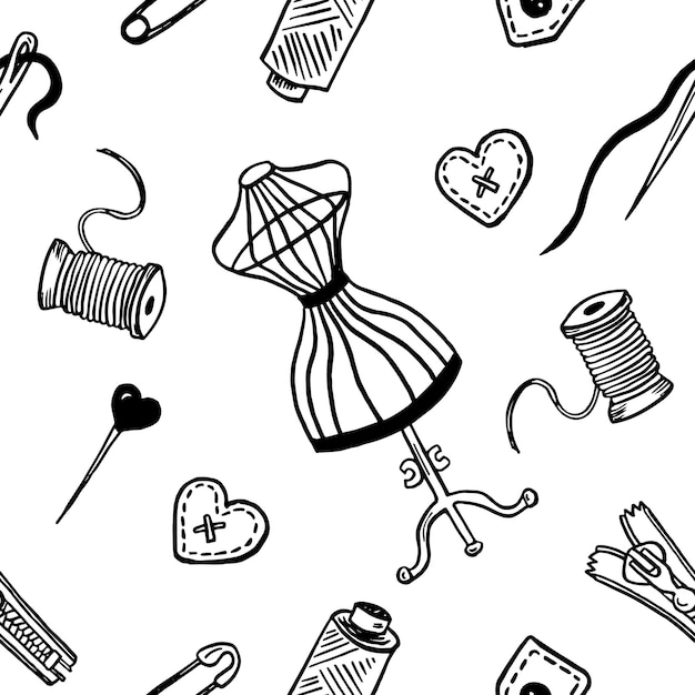 Seamless pattern with sewing tools linear icons scattered on white background Outline seamstress supplies for tailoring and needlework Handmade kids clothes wrapping paper design