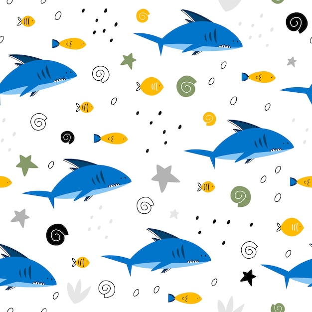 seamless pattern with sharks and fish.