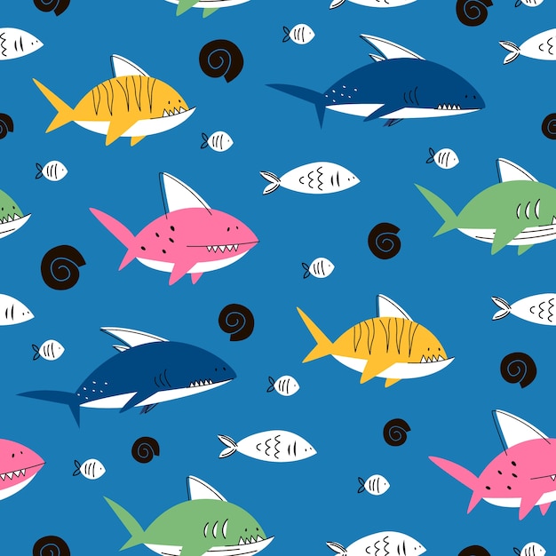 seamless pattern with sharks and fish.