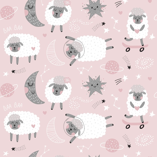 Seamless pattern with sheeps fabric print vector illustration