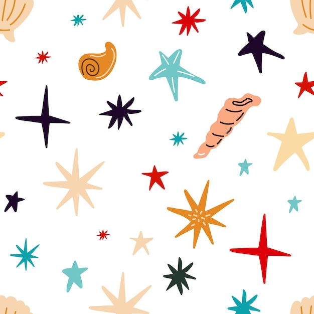 Seamless pattern with shells corals starfish on a blue background