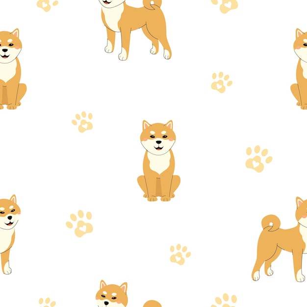 Seamless pattern with shiba inu in different poses and paw print white vector background in handdrawn style cute pattern for children's bathroom pajamas bedroom pet shop or animal blog