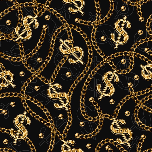 Бесшовный рисунок с блестящим золотым знаком доллара США, металлическими классическими цепями, бисером на черном фоне