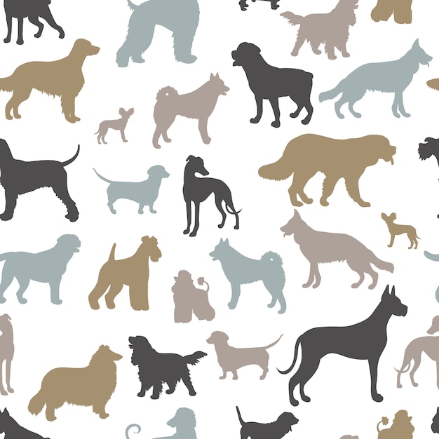 seamless pattern with silhouettes of dogs of different breeds