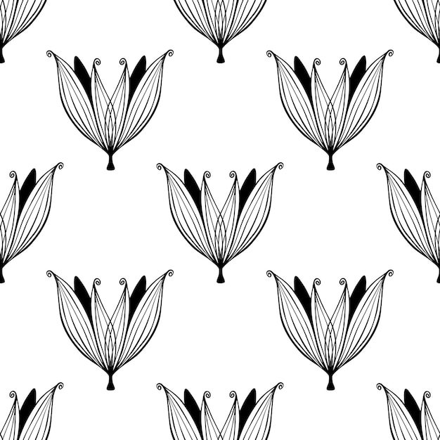 Seamless pattern with silhouettes of doodle flowers in black color on white background.