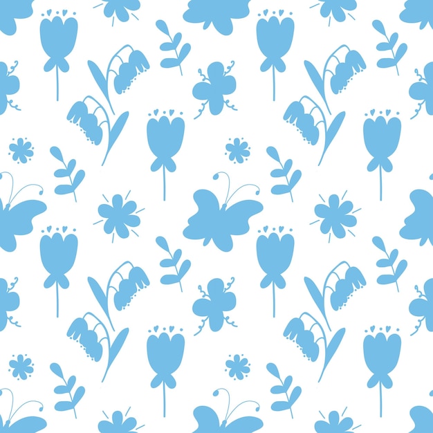 Seamless pattern with silhouettes of flowers and butterflies in doodle style