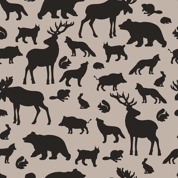 Vector seamless pattern with silhouettes of forest animals