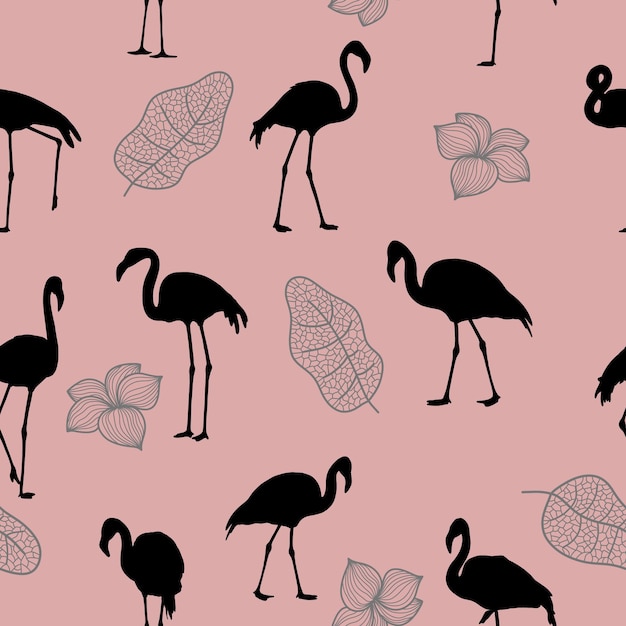 Seamless pattern with silhouettes of tropical flamingo birds on a pink background