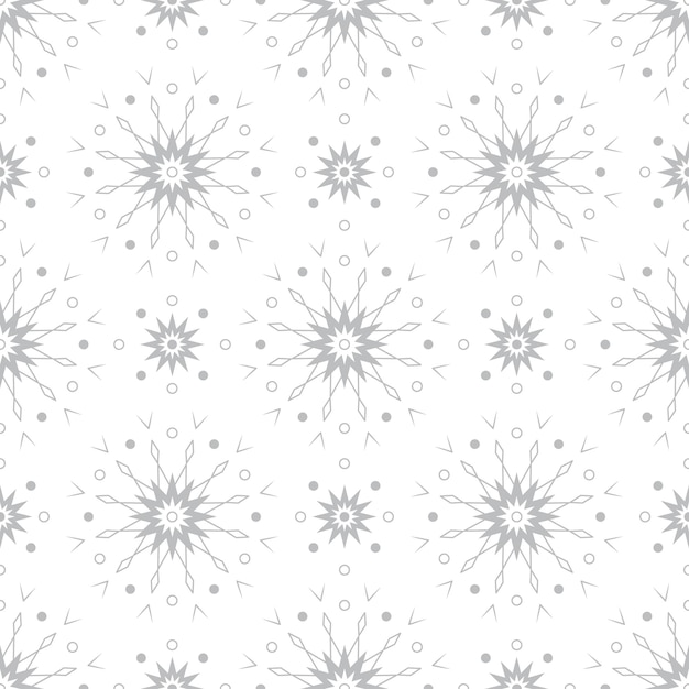 Seamless pattern with silver snowflakes on white background. Festive winter traditional decoration for New Year, Christmas, holidays and design. Ornament of simple line repeat snow flake